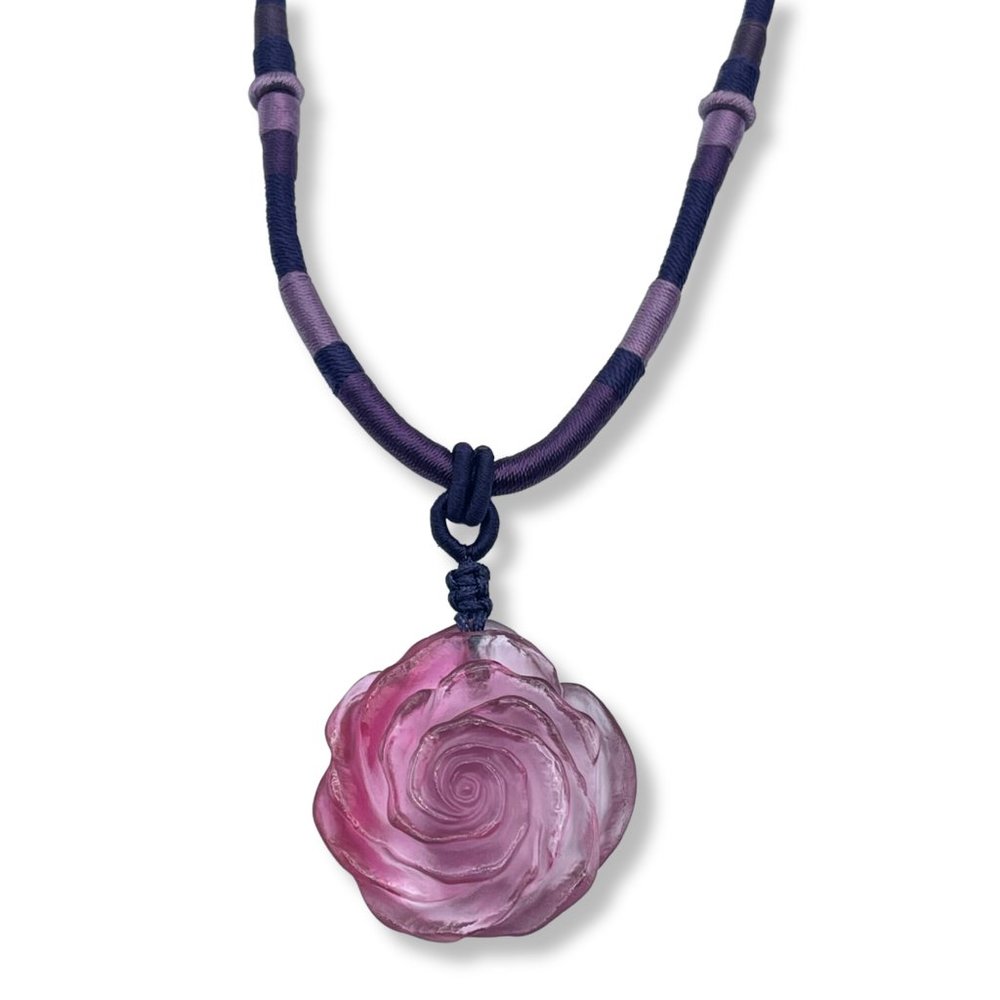 16" ROSE - LILAC FLORAL PENDANT WITH  PURPLE AND PLUM TONED SILK CORD NECKLACE